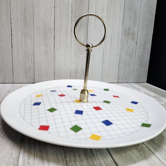 Vintage Japanese Checkered Tiled Decor Serving Tray Platter with Metal Handle - Picture 2 of 10